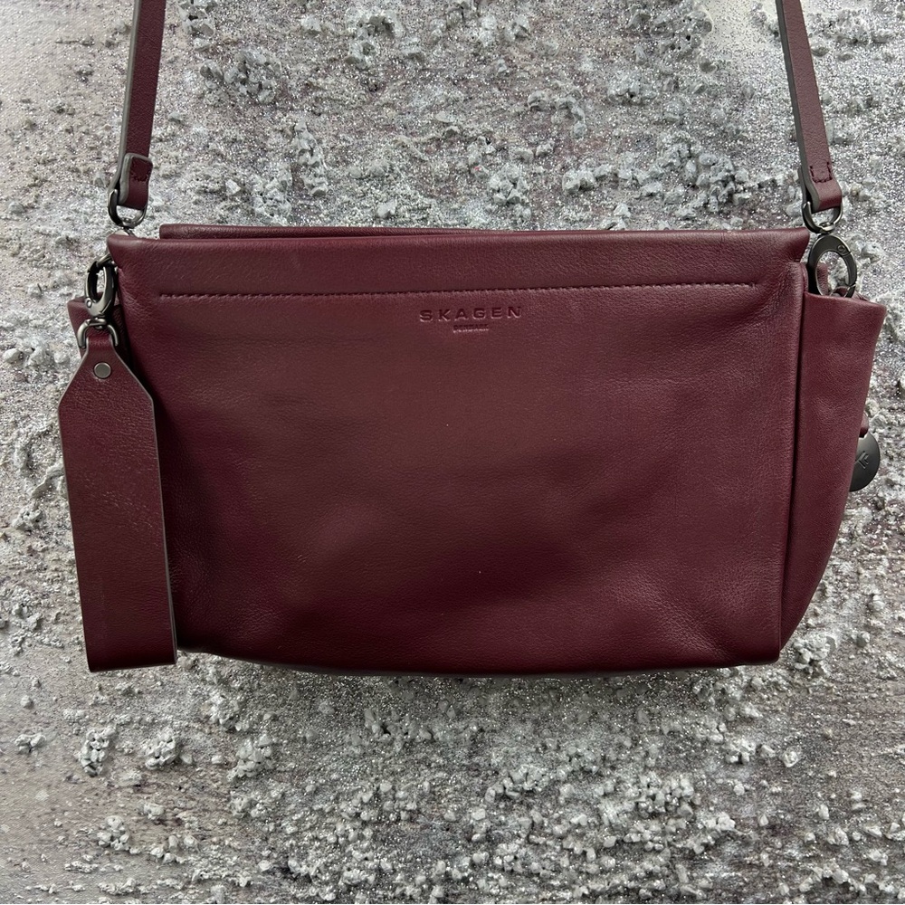 Skagen maroon Leather Crossbody Bag Sleek Design